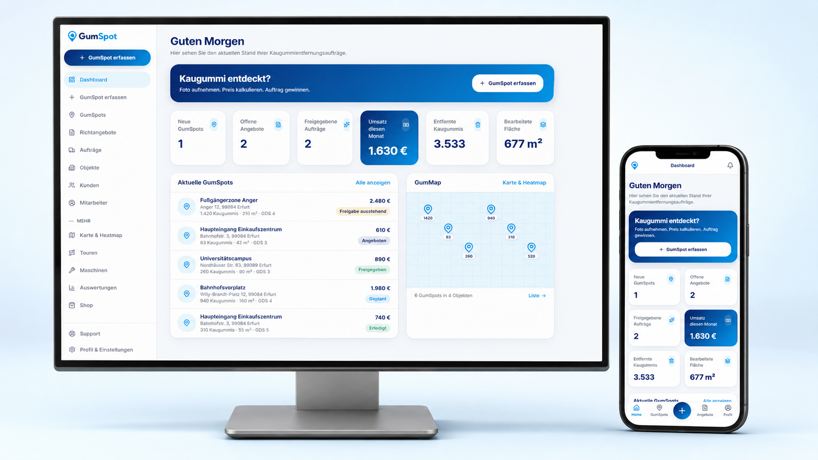 GumSpot Dashboard auf Desktop und Smartphone: KPI-Karten, aktuelle GumSpots und GumMap